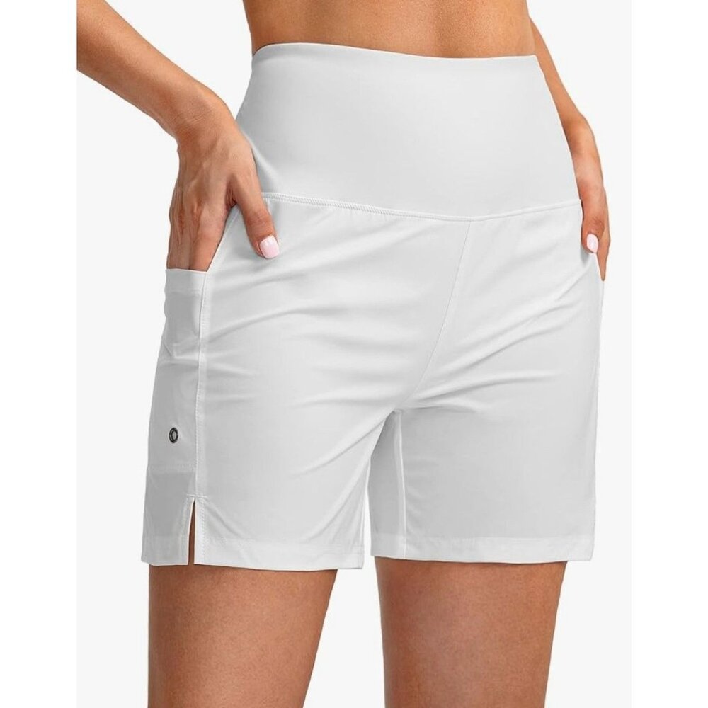 Gradual High-Waisted Women's S. UPF50+ Quick-Dry White Board Shorts W/ Pockets